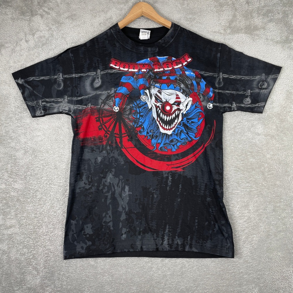 Body Lock Evil Clown‎ Shirt Mens Medium Black All Over Print Y2K Grunge Horror